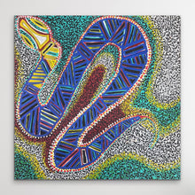 Load image into Gallery viewer, Original Aboriginal artwork “Piltati Tjukurpa” by Rhoda Tjitayi depicting Dreaming story of two sisters and water snakes