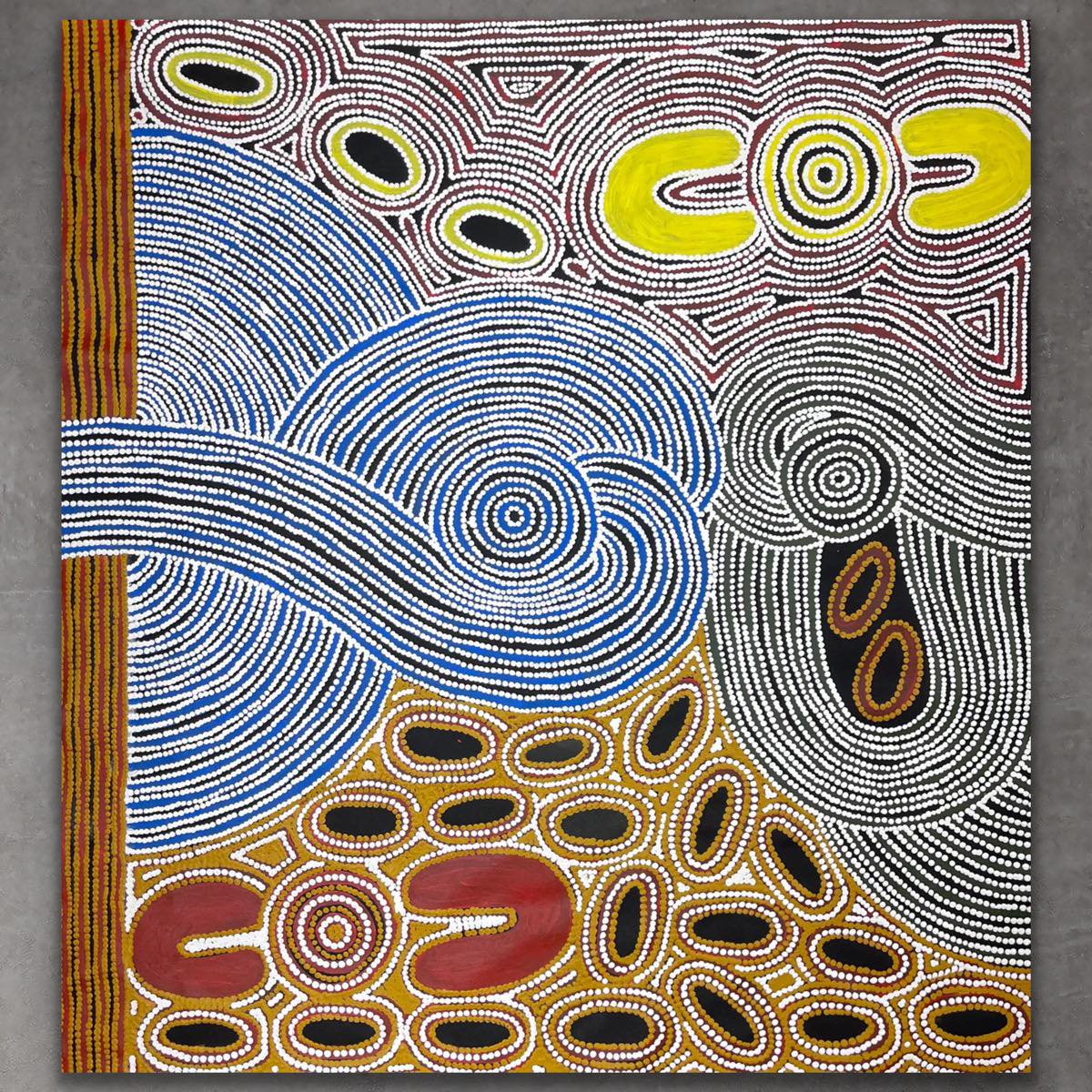 "Women Hunting Goannas" original Aboriginal painting by Debra Nangala McDonald, 101cm x 91cm - authentic Indigenous Australian artwork