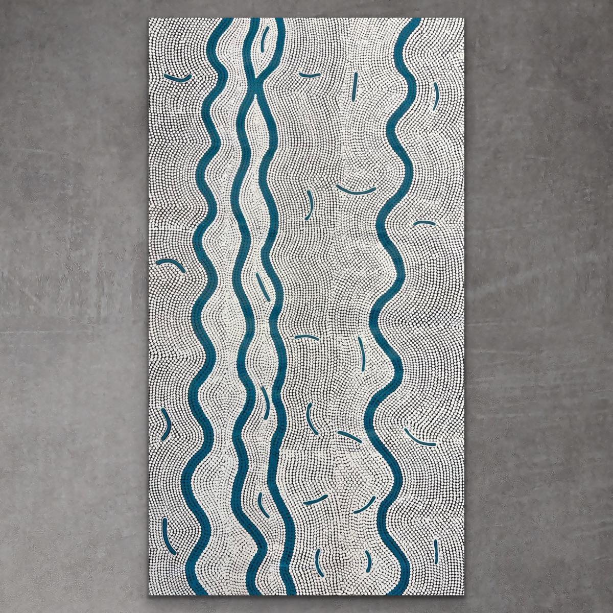 "Sand-Dunes" by (Ngalyarrpa) Alice Granites Napanangka - detail view of Aboriginal painting, 146cm x 81cm