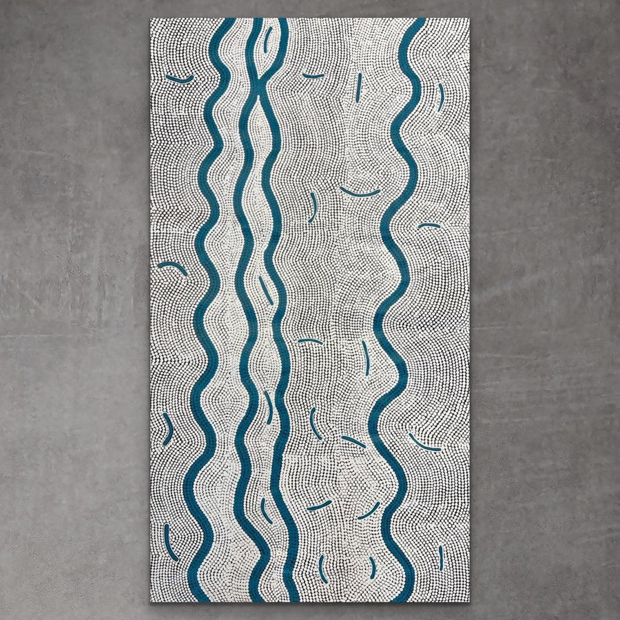 "Sand-Dunes" by (Ngalyarrpa) Alice Granites Napanangka - detail view of Aboriginal painting, 146cm x 81cm