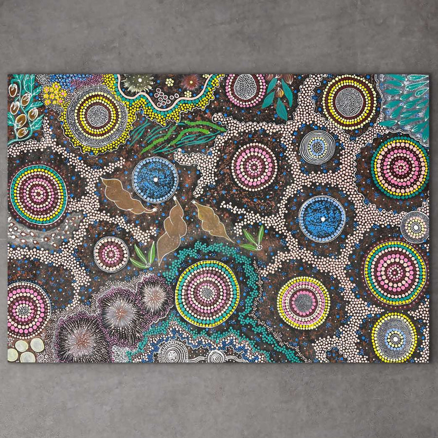 "Water Dreaming/Bush Tucker" by Roxanne Napaljarri Collins - detail view of Aboriginal painting, 79cm x 116cm