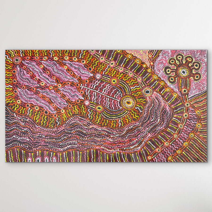Aboriginal Art horizontal view "Rainbow Serpent (Wanampi)" Debra Umala 120cm x 68cm