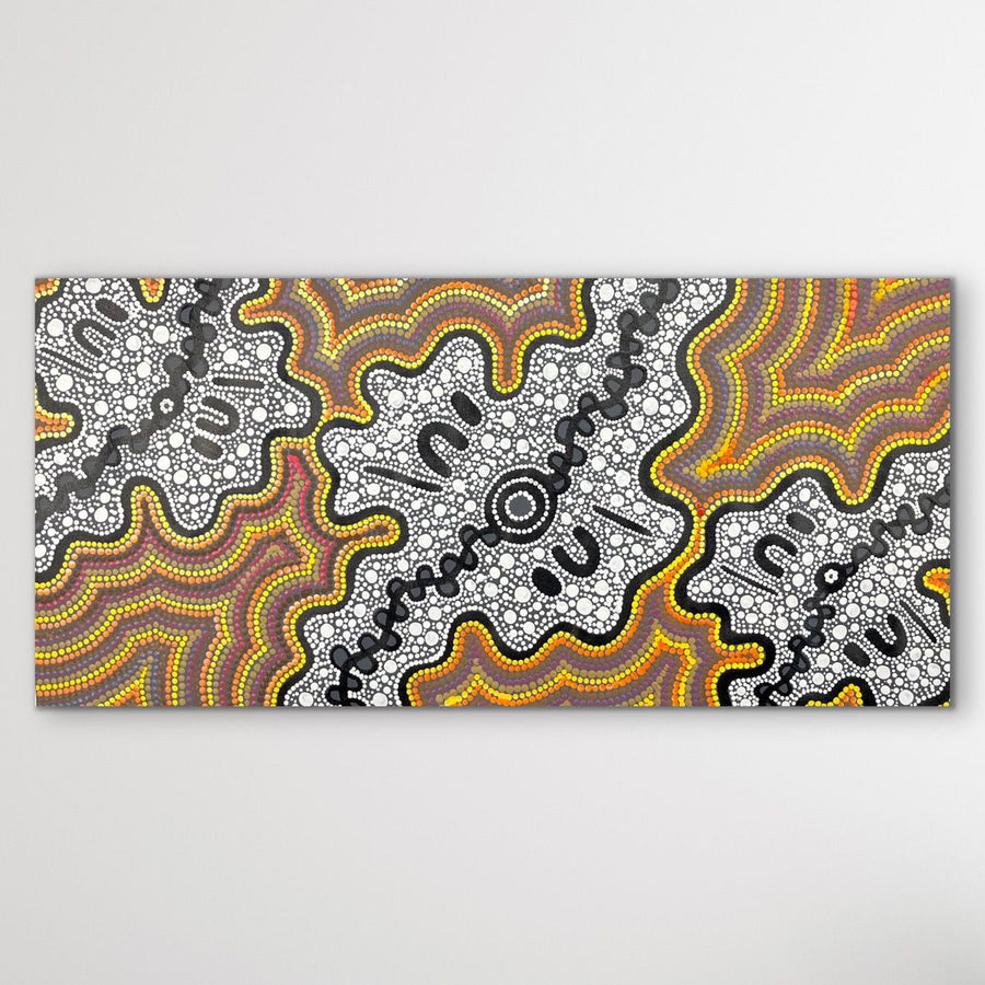 full view mina mina dot painting red orange yellow black and white