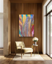 Load image into Gallery viewer, Pantu Salt Lake Dawn Aboriginal print on canvas by Janice Stanley displayed in a timber-panelled living room, Indigenous wall art