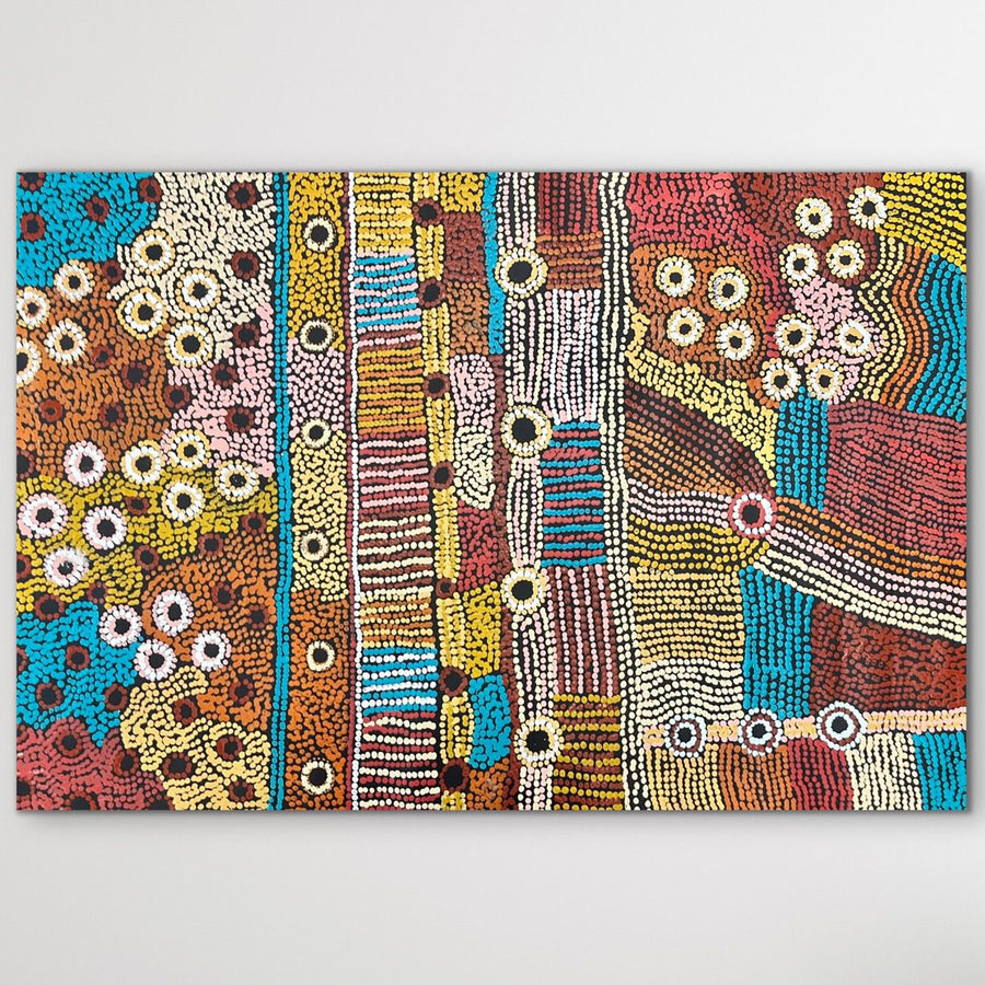 Authentic Aboriginal art for sale "Minyma Kutjara (Two Sisters Travelling)" Cassyanne Woods 117cm x 81cm