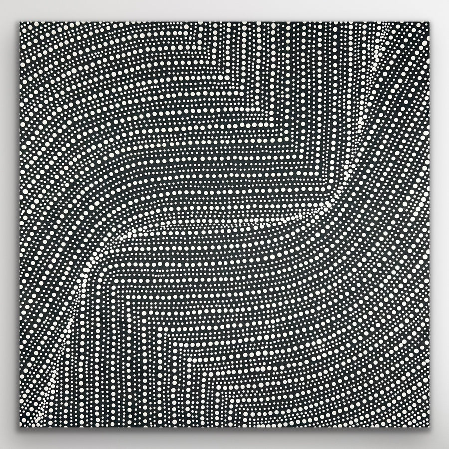 Artist signature and texture detail on Tansy Martin's 61x61cm bush onion Aboriginal painting