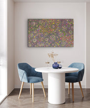 Load image into Gallery viewer, Dining room with a round table and blue chairs, featuring a colorful Aboriginal painting on the wall by Belinda Golder Kngwarreye 154cm x 94cm My Country