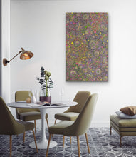 Load image into Gallery viewer, Dining room with a round table, chairs, and a colorful Belinda Golder Kngwarreye 154cm x 94cm My Country painting on the wall.