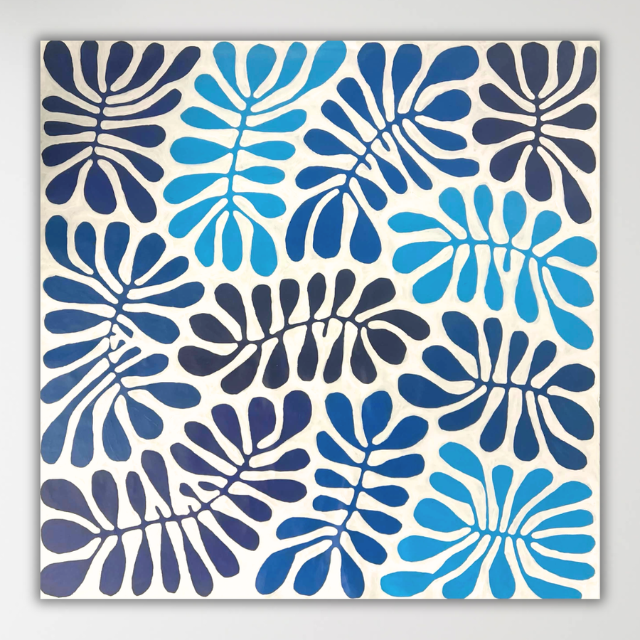 "Bended Acacia Leaves (Watiya Tjuta)" Debra Nangala McDonald 118cm x 118cm in shades of blue, navy, and purple on a white background, shown against a light gray wall.