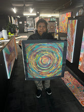 Load image into Gallery viewer, Photo of Bernadine Johnson Kemarre presenting her Circle of Life artwork inside Art by Farquhar Aboriginal Art Gallery, Edwardstown.