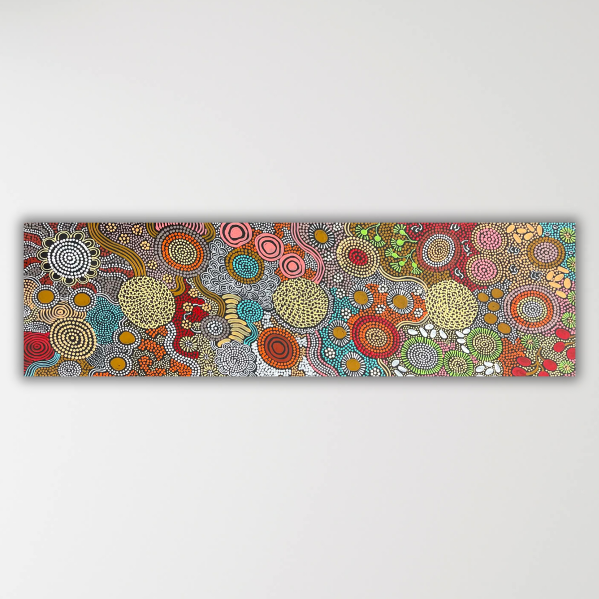 "Budgerigar Dreaming and Bush Tucker" Julieanne Turner Nungurrayi 124cm x 36cm, original Aboriginal painting