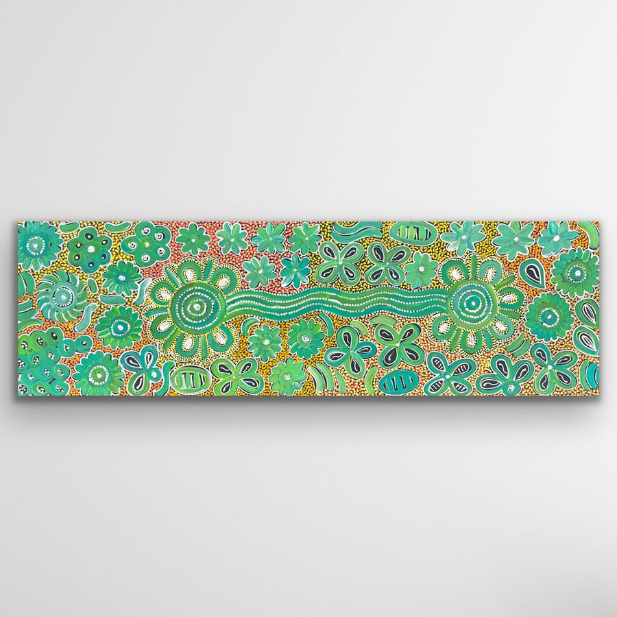 Original Aboriginal dot painting “Bush Flowers” by Bernadine Johnson Kemarre featuring vibrant desert flora patterns
