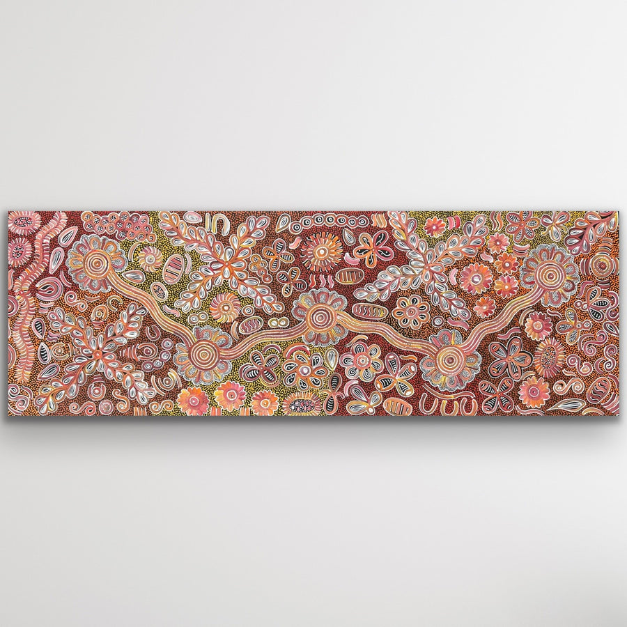 "Bush Flowers" original Aboriginal painting by Bernadine Johnson Kemarre, 209cm x 71cm - authentic Indigenous Australian artwork