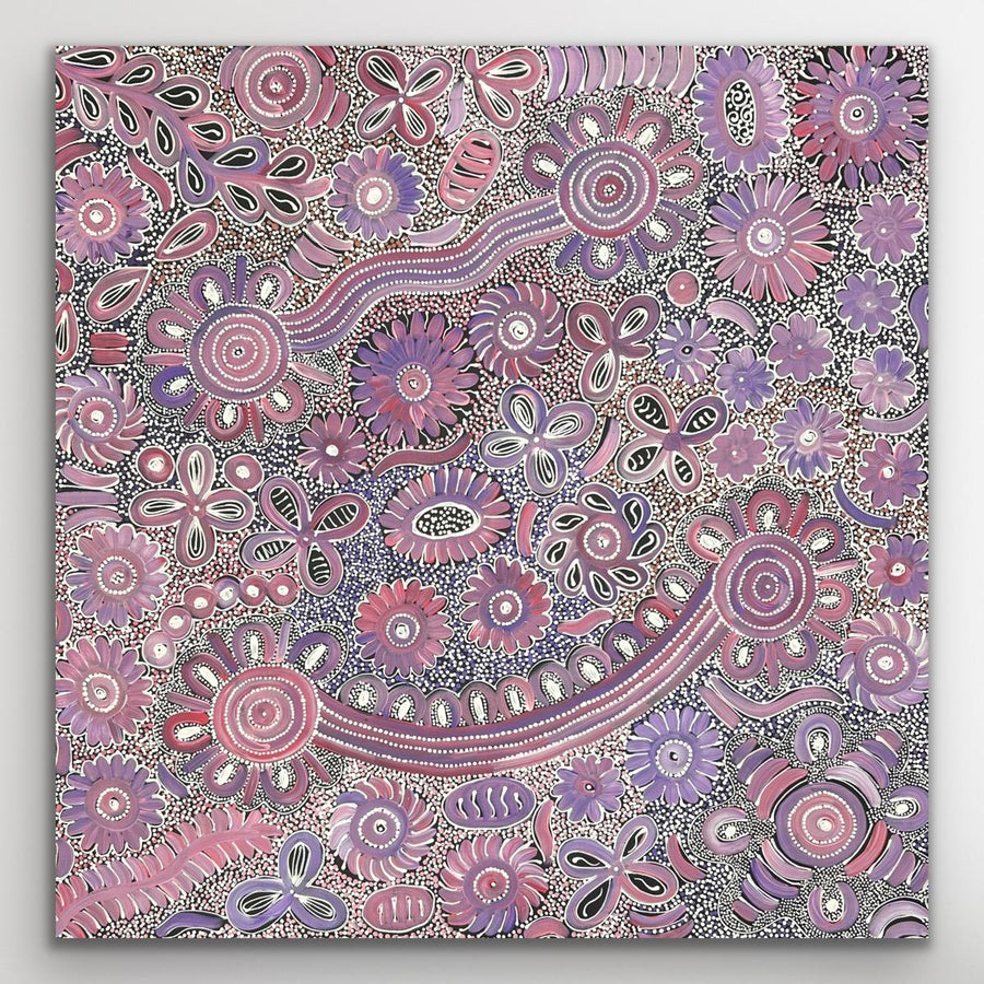 Full view of Bush Flowers by Bernadine Johnson Kemarre showing flowing pink florals, circular motifs and fine dot detailing.