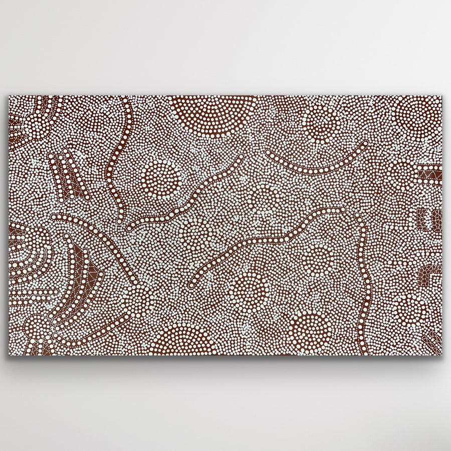 Original Aboriginal artwork “Bush Onion” by Nancy Martin Napangarti featuring earthy tones and fine dot detail