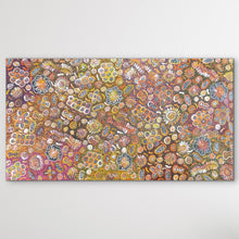 Load image into Gallery viewer, Horizontal view of "Bush Yam Dreaming" Rochelle Bird Mbitjana 198cm x 110cm on white wall