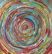 Load image into Gallery viewer, Zoomed section showing intricate dot clusters in turquoise, crimson, and cream tones with flowing circular motion.