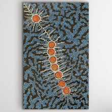 Load image into Gallery viewer, Detail section of Seven Sisters Dreaming Aboriginal painting showing intricate dot work and celestial designs