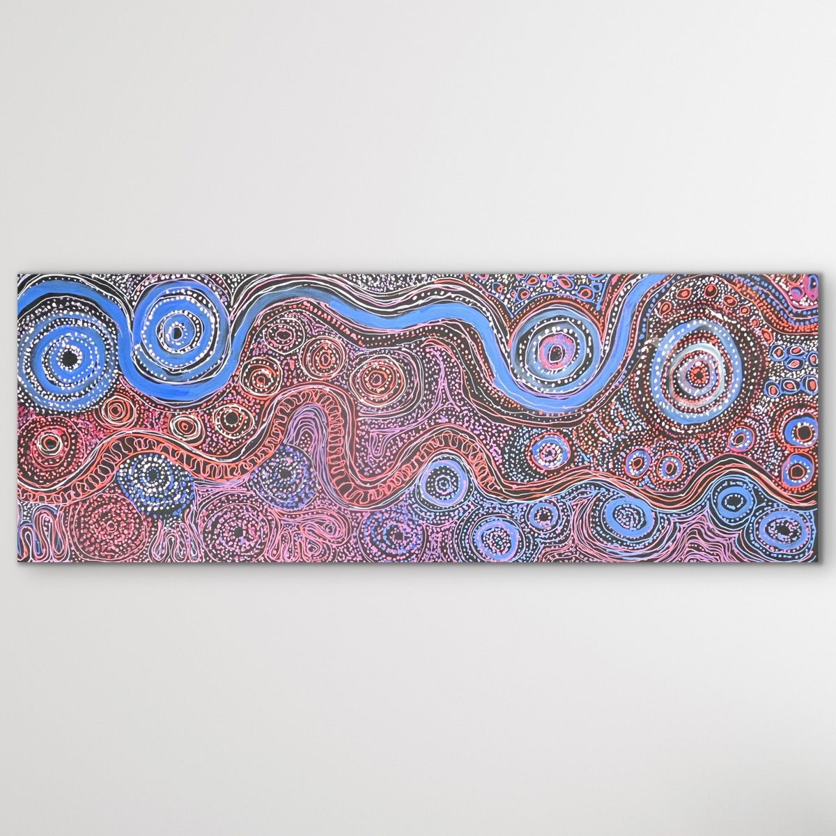 Piltati Tjukurpa Aboriginal dot painting by Rhoda Tjitayi, 120cm x 44cm, vibrant APY Lands Indigenous artwork featuring Dreaming story of two sisters and water snakes.