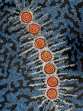 Load image into Gallery viewer, Vivid colour detail of Seven Sisters Dreaming Aboriginal art by Michelle Possum Nungurrayi, featuring symbolic star forms