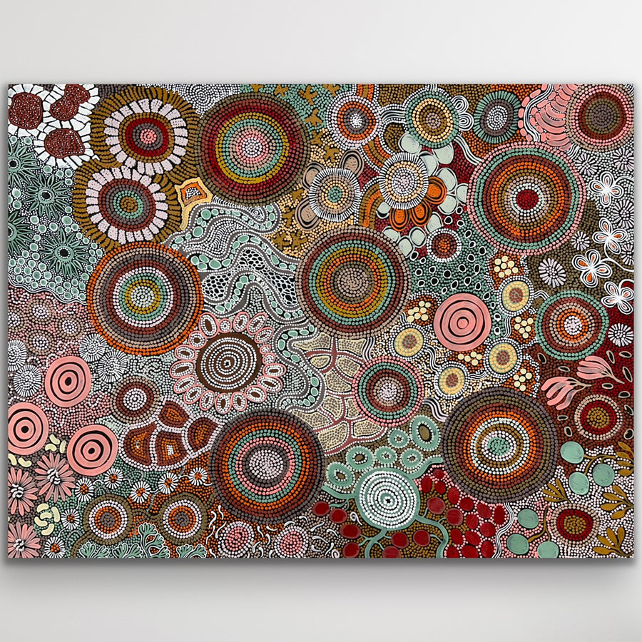 "Budgerigar & Bush Tucker Story" original Aboriginal painting by Julieanne Turner Nungurrayi, 129cm x 98cm - authentic Indigenous Australian artwork