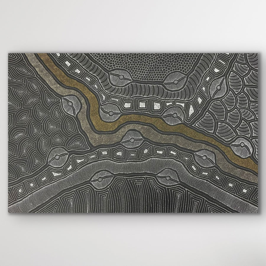 Detailed view of My Country by Delvine Pitjara Aboriginal dot painting with flowing lines and neutral tones 151cm x 89cm
