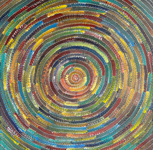 Load image into Gallery viewer, Close-up showing intricate dot placement and fine layering of colours symbolising life cycles and connection to Country.