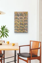Load image into Gallery viewer, Aboriginal painting on a wall above a dining table with chairs.