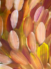 Load image into Gallery viewer, Close-up of a bush medicine leaves with brown, orange, yellow and red detailed Aboriginal art