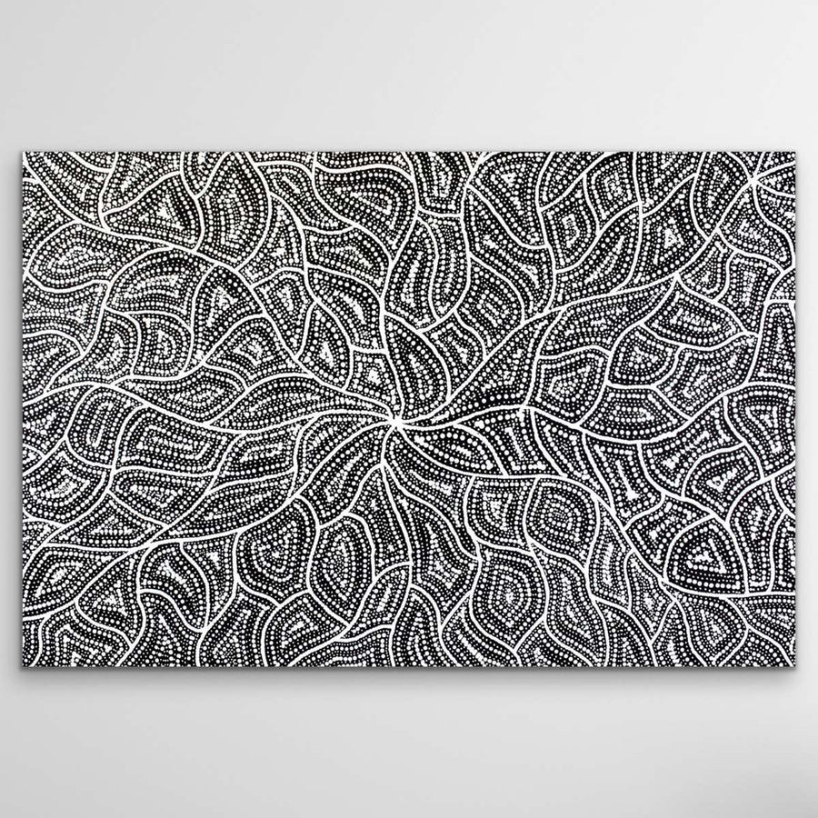 High quality Aboriginal canvas print Water Dreaming by Marshall Jangala Robertson showing intricate patterns and storytelling