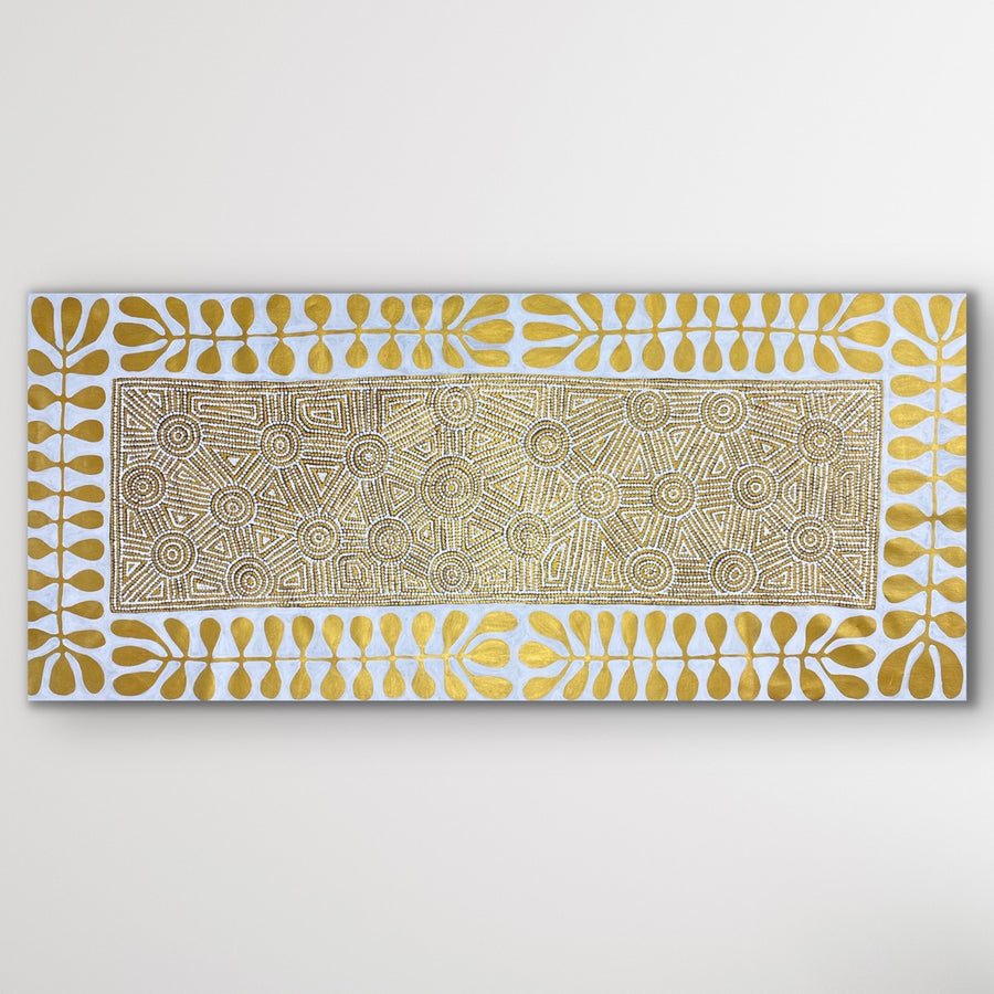 "Mulga Trees and Travelling Past" original Aboriginal painting by Debra Nangala McDonald, 204cm x 89cm - authentic Indigenous Australian artwork