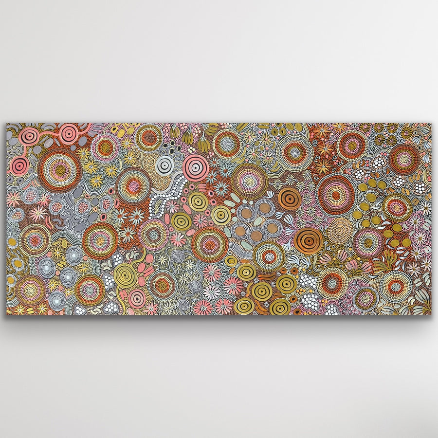 "Budgerigar Dreaming and Bush Tucker Story" original Aboriginal painting by Julieanne Nungurrayi Turner, 205cm x 95cm - authentic Indigenous Australian artwork