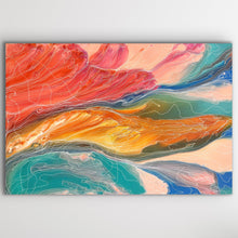 Load image into Gallery viewer, Close detail of Janice Stanley Aboriginal art canvas Pantu Salt Lake Sunset with textured flowing desert colours