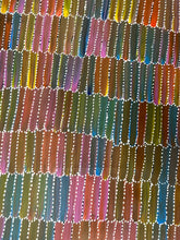Load image into Gallery viewer, Detailed section of Jeannie Mills Pwerle’s Yam Dreaming highlighting bright rainbow colours and fine dot work 213cm x 104cm