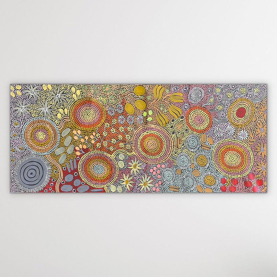 Colorful Aboriginal artwork with budgie nesting and Country landscape
