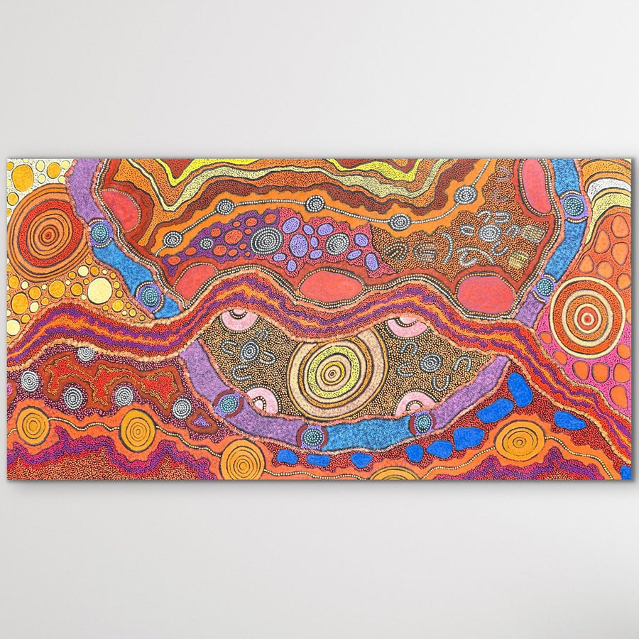 Colourful Aboriginal painting country landscape "My Country" Damien and Yilpi Marks 200cm x 106cm