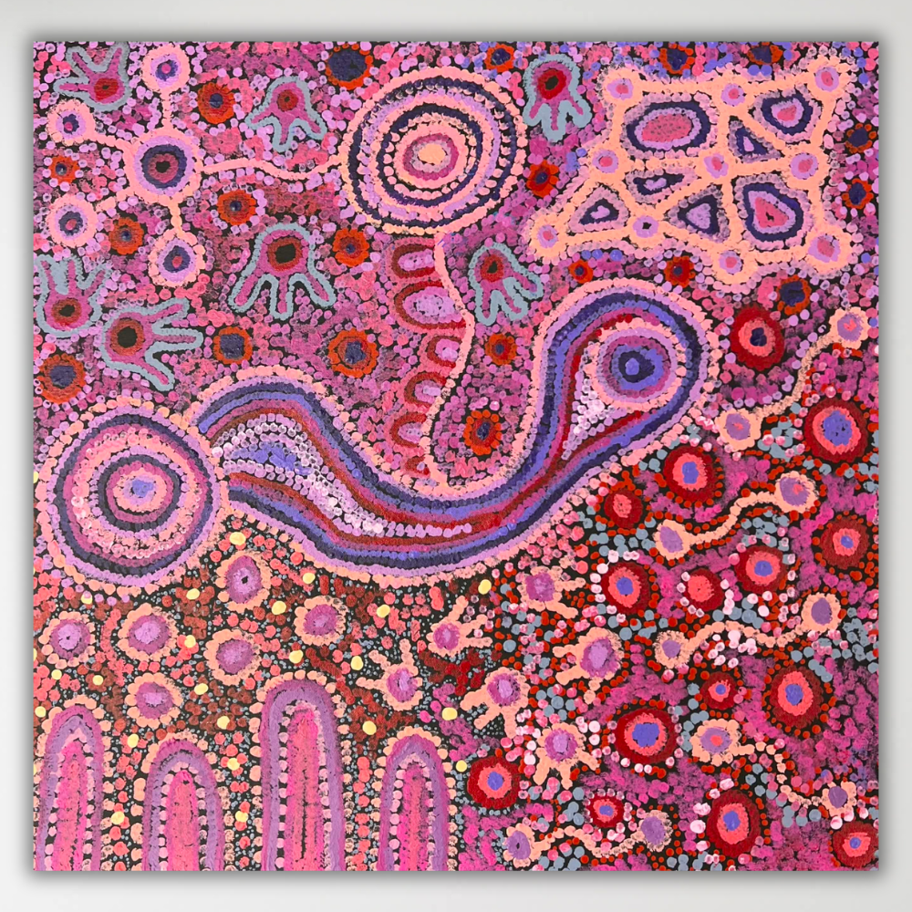 "Mamungari-Nya" Renae Nakamarra Nelson 60cm x 59cm dot patterns and curved, circular, and organic forms in pink, purple, red, orange, blue, and black, presented against a light gray background.