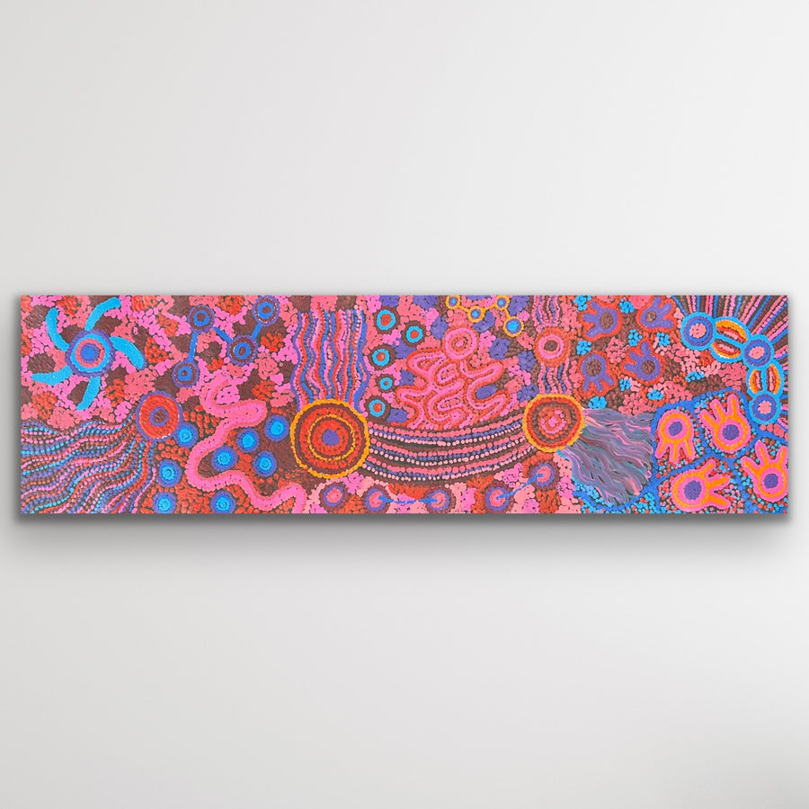 Mamungari Nya B original Aboriginal painting by Renae Nakamarra Nelson depicting sisters travelling across Country 111 × 32 cm