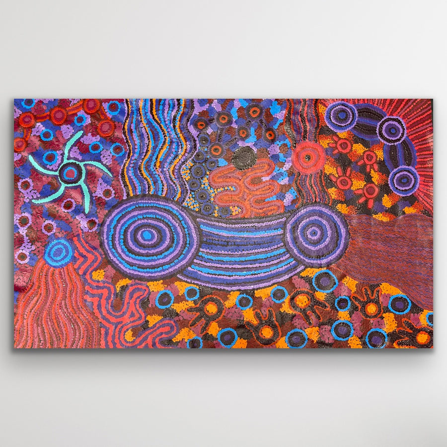 Mamungari Nya original Aboriginal painting by Renae Nakamarra Nelson depicting sisters travelling across Country south of Watarru