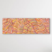 Load image into Gallery viewer, Aboriginal dot painting sand dunes vertical view with orange, red and yellow shown on white wall.
