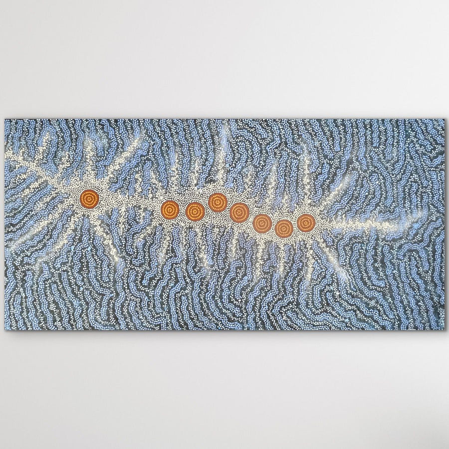 Michelle Possum Nungurrayi Aboriginal painting displayed on a white gallery wall 204cm x 100cm