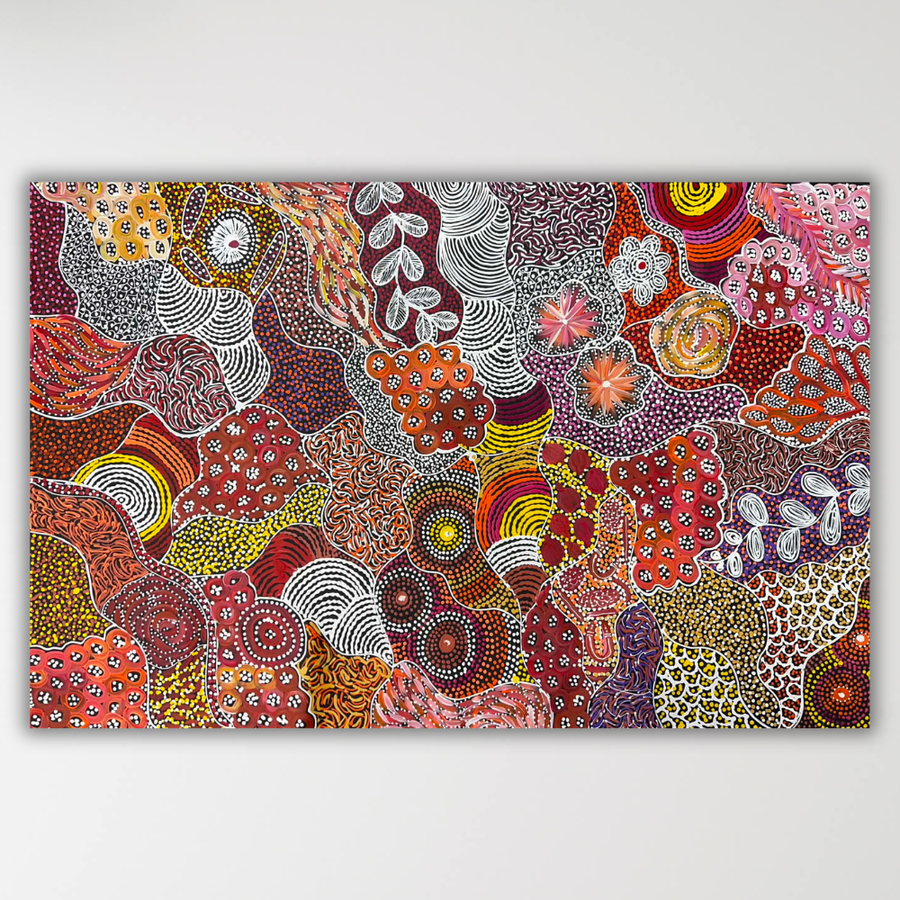 "My Country (Utopia)" Janet Golder Kngwarreye 145cm x 94cm - red, orange, pink and yellow dotwork