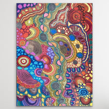 Load image into Gallery viewer, Colourful abstract art piece with intricate patterns background
"My Country" Damien and Yilpi Marks 202cm x 148cm Large Indigenous Artwork