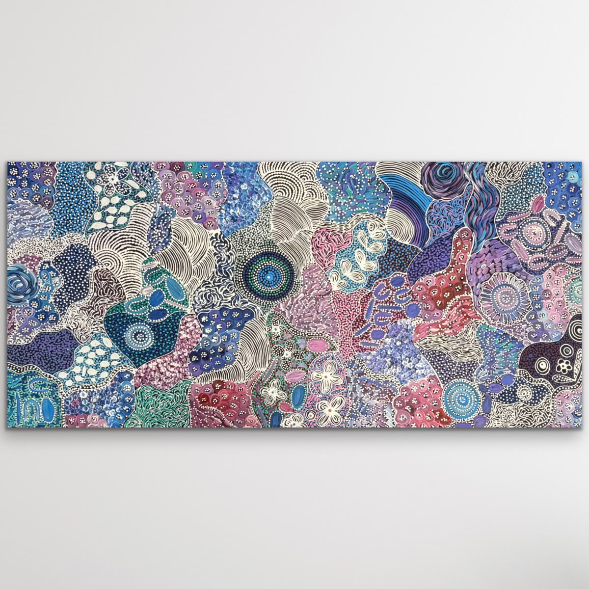 "My Country (Utopia)" Janet Golder Kngwarreye 198cm x 93cm - pinks, blues and purples