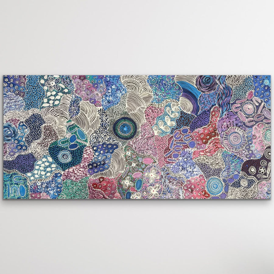 "My Country (Utopia)" Janet Golder Kngwarreye 198cm x 93cm - pinks, blues and purples