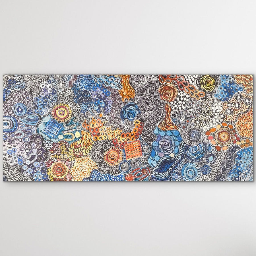 "My Country (Utopia)" Janet Golder Kngwarreye 201cm x 88cm large aboriginal painting on white wall