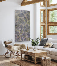 Load image into Gallery viewer, Modern living room with a couch, coffee table, and "Bush Plum" Roseanne Morton Petyarre 101cm x 199cm Aboriginal wall art.