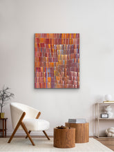 Load image into Gallery viewer, Colorful Yam story painting on a wall above a white armchair in a living room.