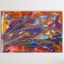 Load image into Gallery viewer, Vibrant tones of violet, orange and turquoise blend across Janice Stanley’s Pantu Salt Lake, echoing the shimmer and movement of the desert lakes near Mt Conner.