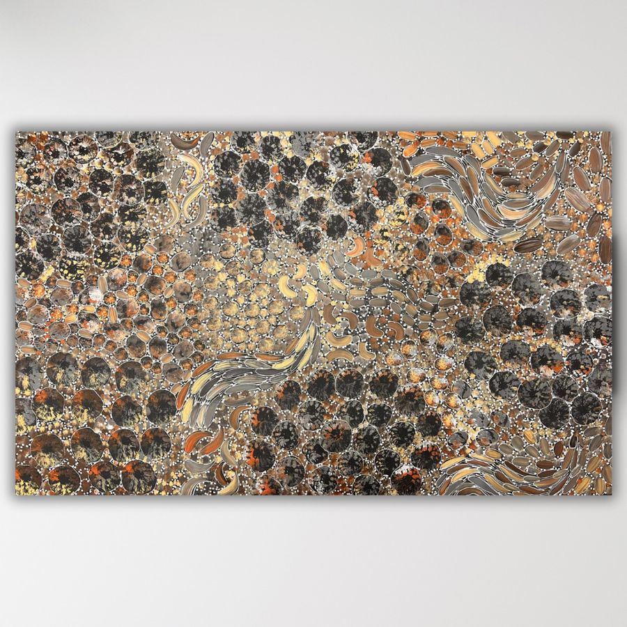 Rachael Nambula Yam Dreaming brown, black, and gold colors on a Black background
